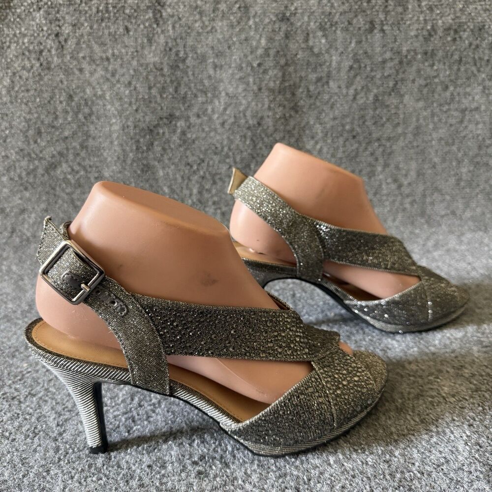 Alex Marie Silver Glitter Strappy Buckle Stiletto Heel Rhinestones Upper 7.5M